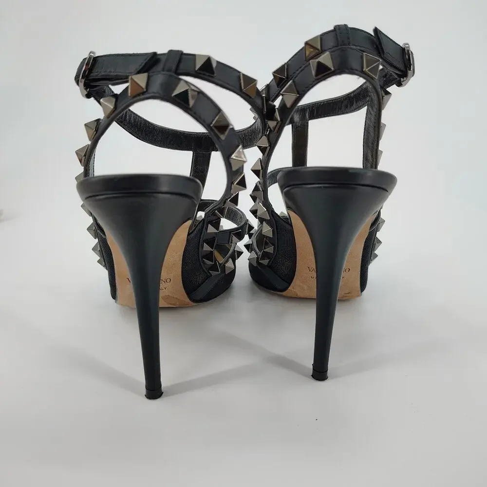 Valentino Garavani Mesh Rockstud Cage T-Strap Pumps Black Size 38 Italy